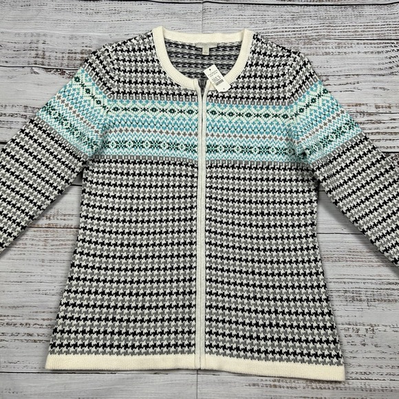 NWT Talbots Petite Womens‎ Sweater Cardigan Small Full Zip Fair Isle Blue Nordic - Picture 2 of 7